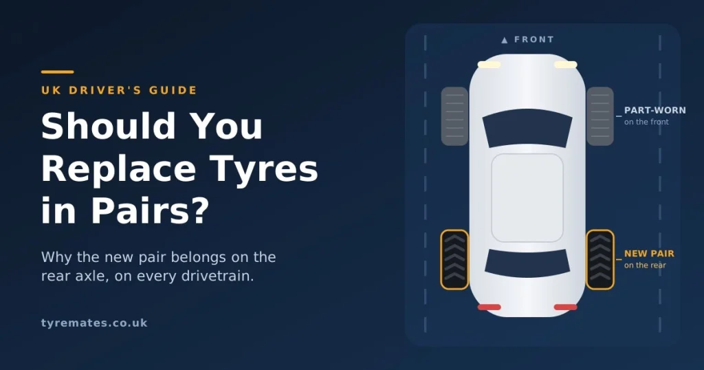 Top-down diagram of a car with part-worn tyres on the front axle and a new pair of tyres on the rear axle